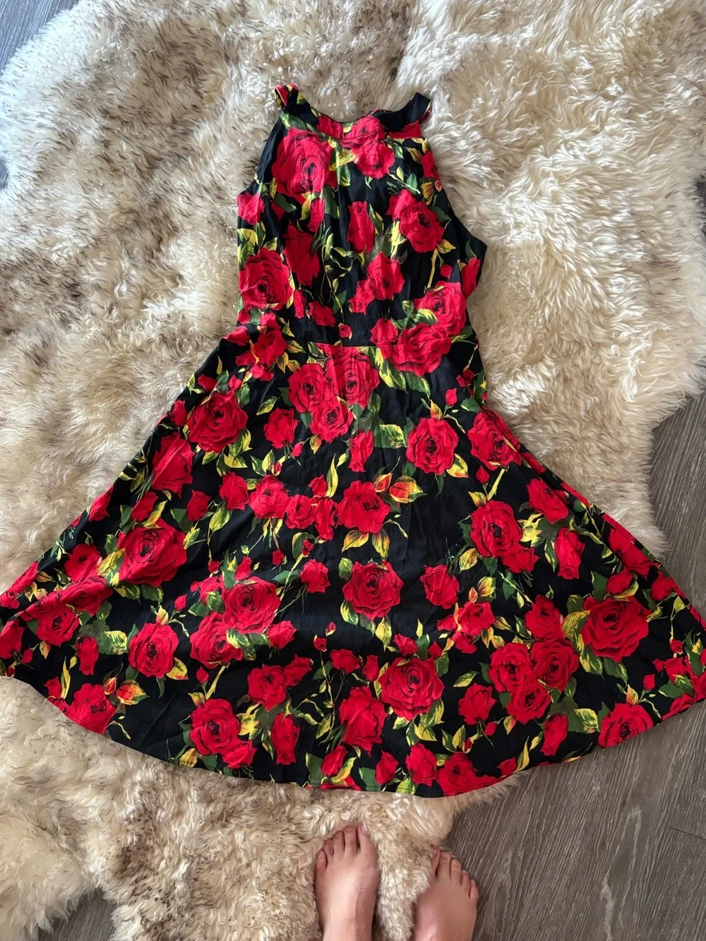 Small Floral Red Rose Fit-and-Flare Dress - Sleeveless